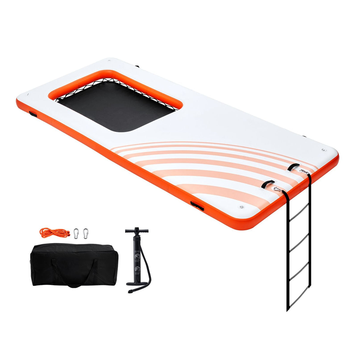 Inflatable Floating Dock, 15x6.5FT Inflatable Dock Platform with 4*6FT Trampoline Mesh Pool, Non-Slip Floating Platform Water Mat with Portable Bag & Detachable Ladder for Pool Beach Relaxation