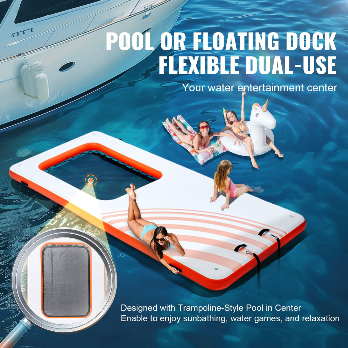Inflatable Floating Dock, 15x6.5FT Inflatable Dock Platform with 4*6FT Trampoline Mesh Pool, Non-Slip Floating Platform Water Mat with Portable Bag & Detachable Ladder for Pool Beach Relaxation