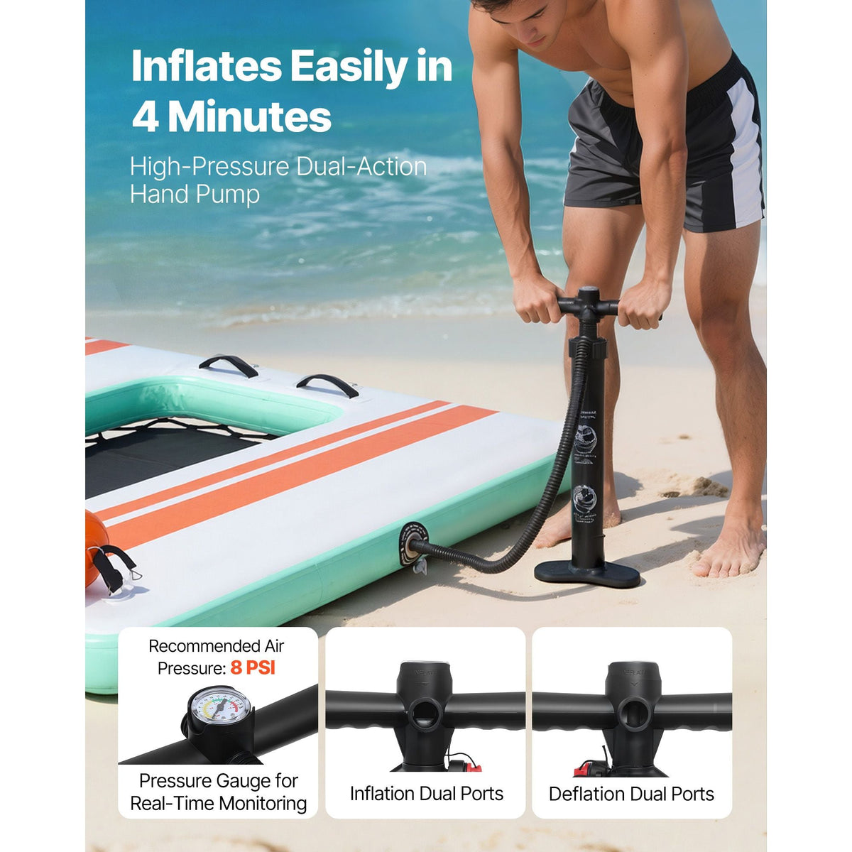 Inflatable Floating Dock, 8 x 6 FT Inflatable Dock Platform, Non-Slip Water Air Mat with Portable Carrying Bag and Detachable Ladder, Floating Water Platform Island Raft for Pool Beach Ocean
