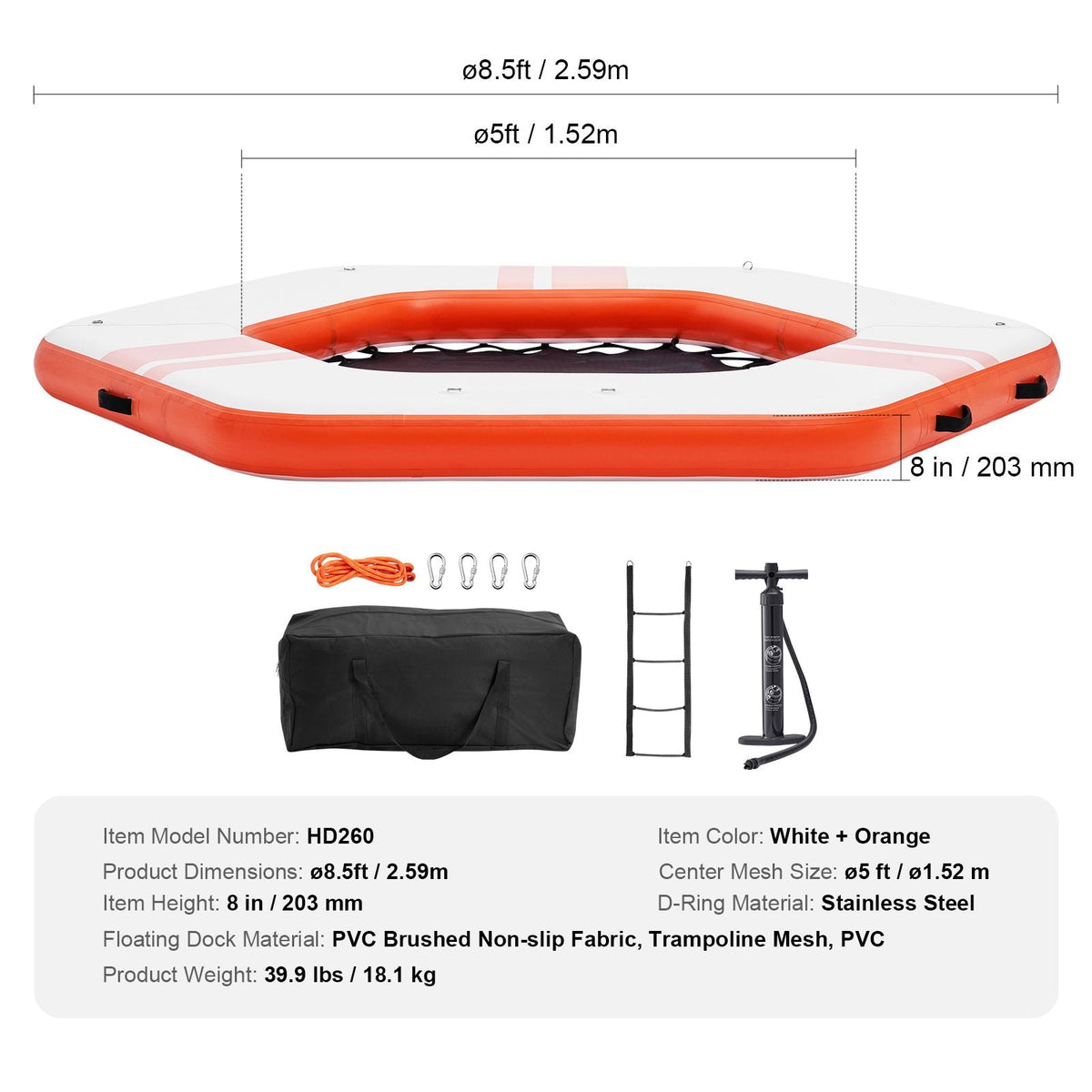 Inflatable Floating Dock, ø8.5FT Inflatable Dock Platform with ø5FT Trampoline Mesh Pool, Non-Slip Floating Platform Water Mat with Portable Bag & Detachable Ladder for Pool Beach Relaxation