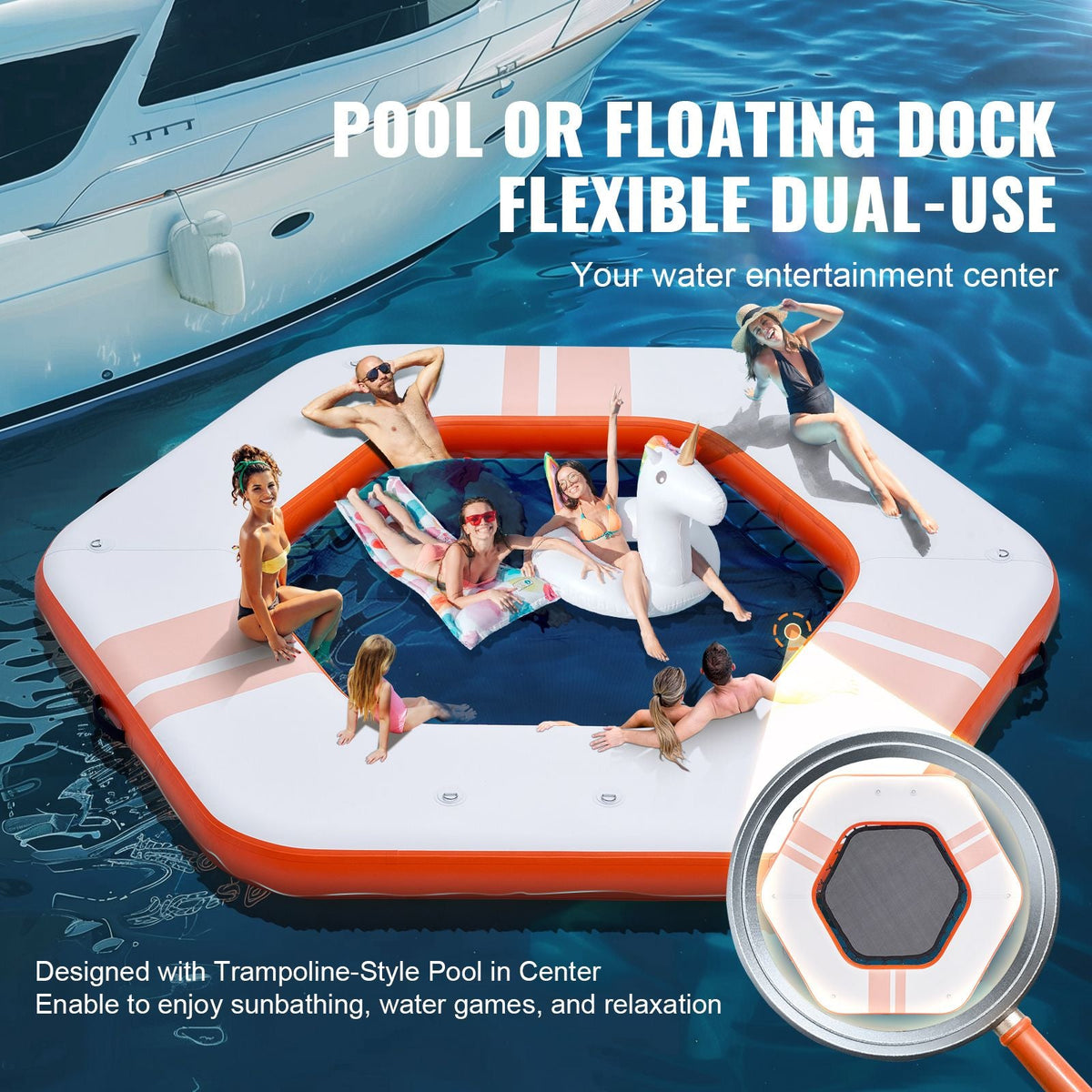 Inflatable Floating Dock, ø8.5FT Inflatable Dock Platform with ø5FT Trampoline Mesh Pool, Non-Slip Floating Platform Water Mat with Portable Bag & Detachable Ladder for Pool Beach Relaxation