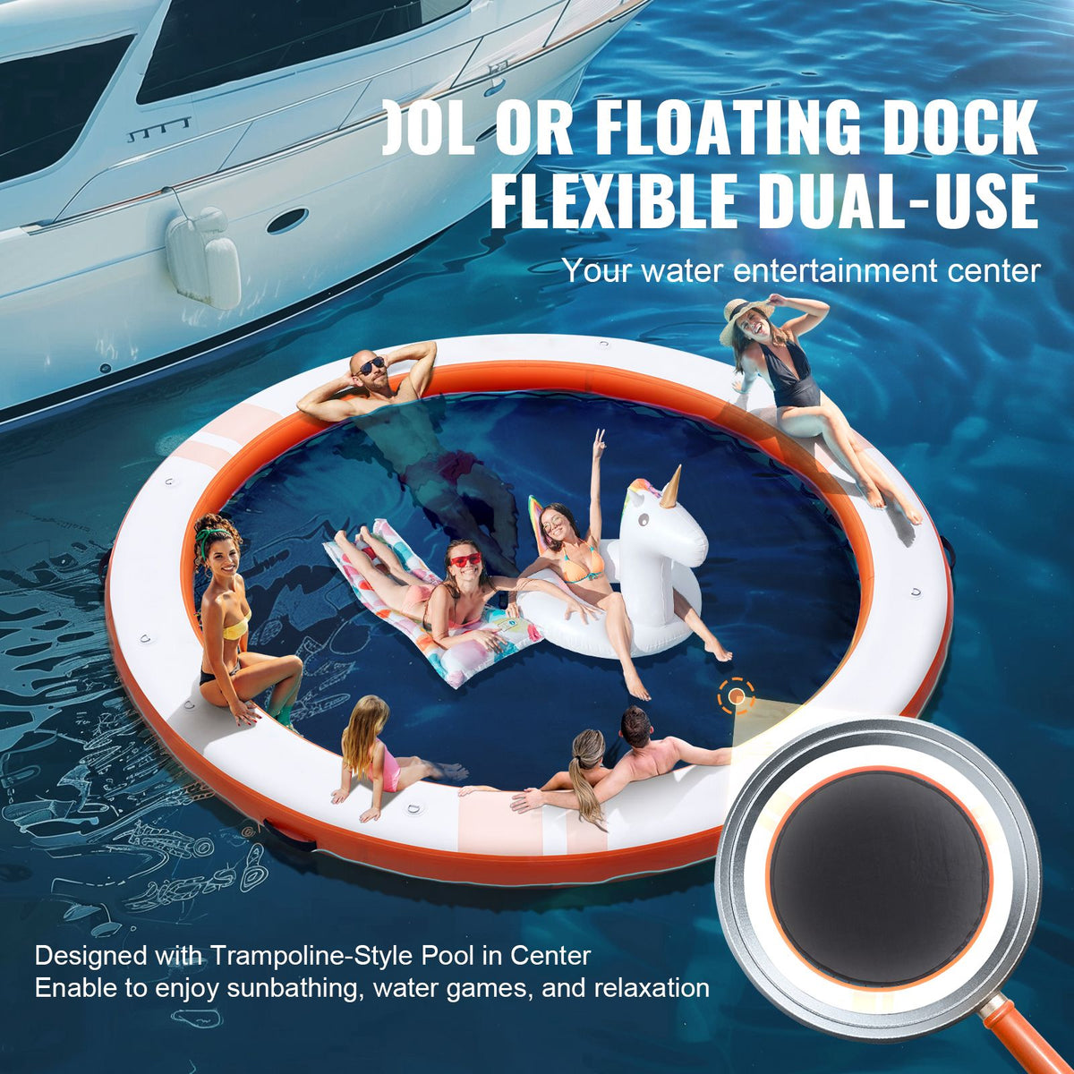 Inflatable Floating Dock, ø8FT Inflatable Dock Platform with ø5FT Trampoline Mesh Pool, Non-Slip Floating Platform Water Mat with Portable Bag & Detachable Ladder for Pool Beach Relaxation