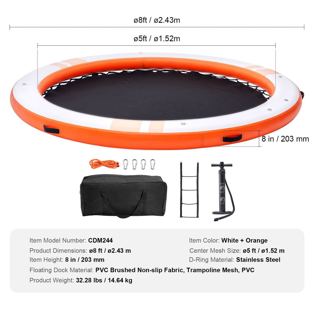 Inflatable Floating Dock, ø8FT Inflatable Dock Platform with ø5FT Trampoline Mesh Pool, Non-Slip Floating Platform Water Mat with Portable Bag & Detachable Ladder for Pool Beach Relaxation