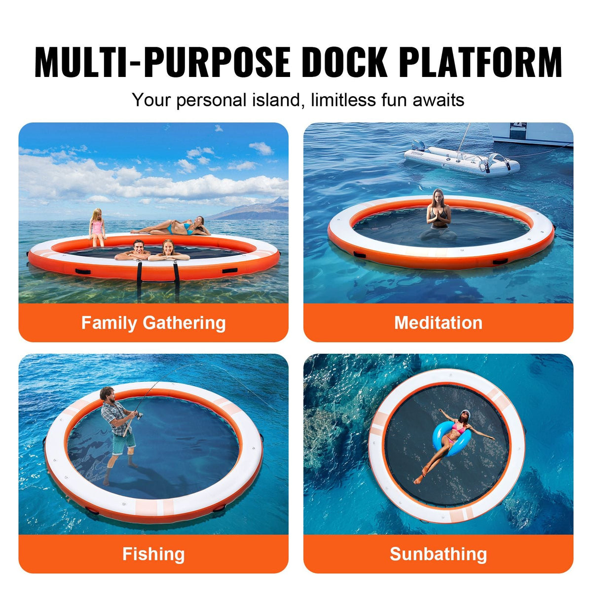Inflatable Floating Dock, ø8FT Inflatable Dock Platform with ø5FT Trampoline Mesh Pool, Non-Slip Floating Platform Water Mat with Portable Bag & Detachable Ladder for Pool Beach Relaxation