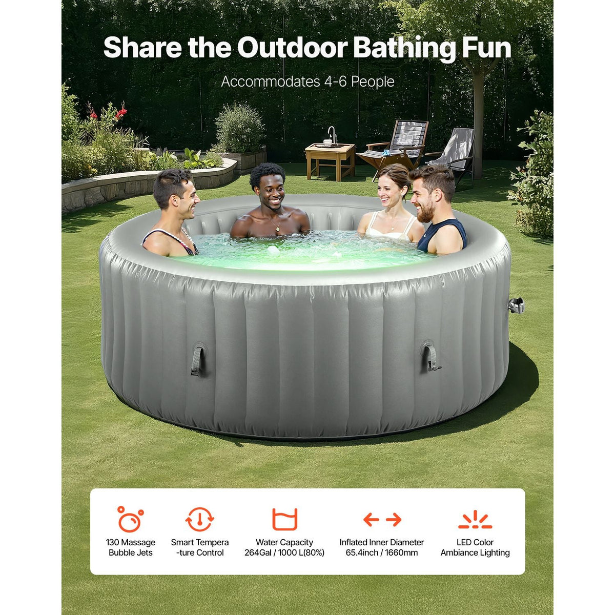 Inflatable Hot Tub, 4 to 6 Person Capacity, 81.9 x 26in Round Portable Outdoor Spa, with 130 Soothing Jets, Headrest, LED Light, Cover, Multi-function Control Panel, PVC Outdoor Hot Tub, Grey