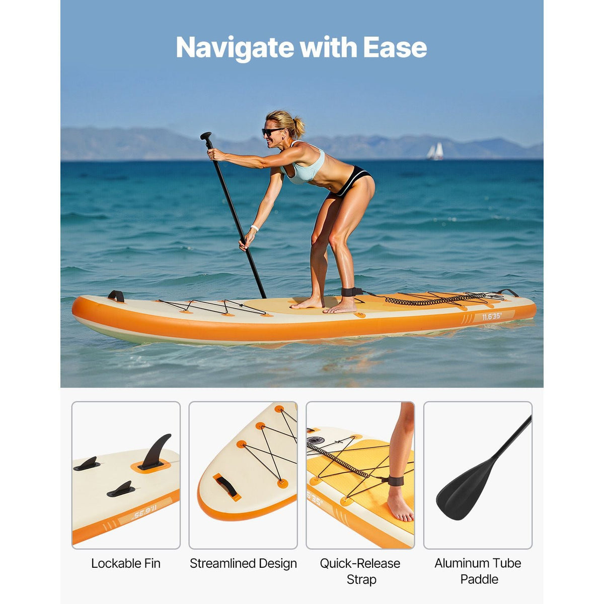 Inflatable Stand Up Paddle Board, 11.6' x 35" x 6" Wide Ultra-Light SUP Paddleboard, All Accessories Included, Pump, Paddle, Fin, Backpack, Ankle Leash, Strap, Non-slip Deck for Youth & Adults
