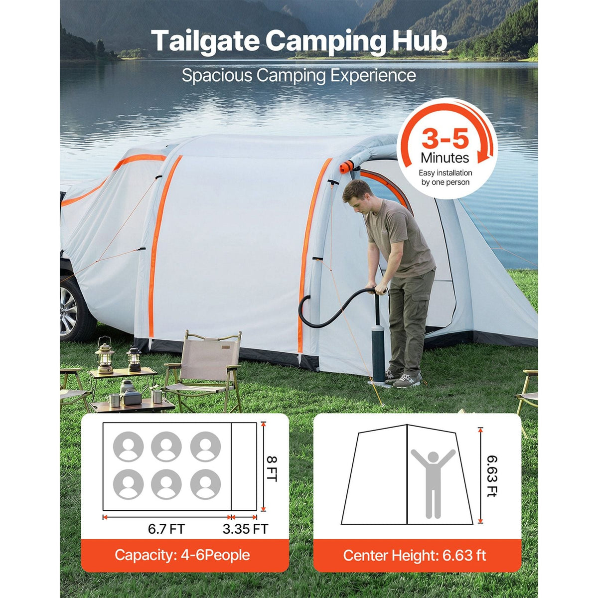 Inflatable SUV Tent with Awning, 8 x 6.7 ft 3-Season SUV Tailgate Tent with Ventilated Doors & Mesh Window, PU2000mm Waterproof Car Rear Hatch Tents for Outdoor Camping - Air Pump Included
