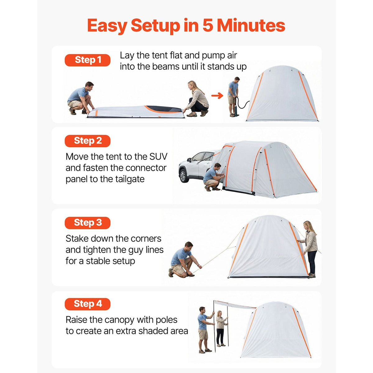 Inflatable SUV Tent with Awning, 8 x 6.7 ft 3-Season SUV Tailgate Tent with Ventilated Doors & Mesh Window, PU2000mm Waterproof Car Rear Hatch Tents for Outdoor Camping - Air Pump Included
