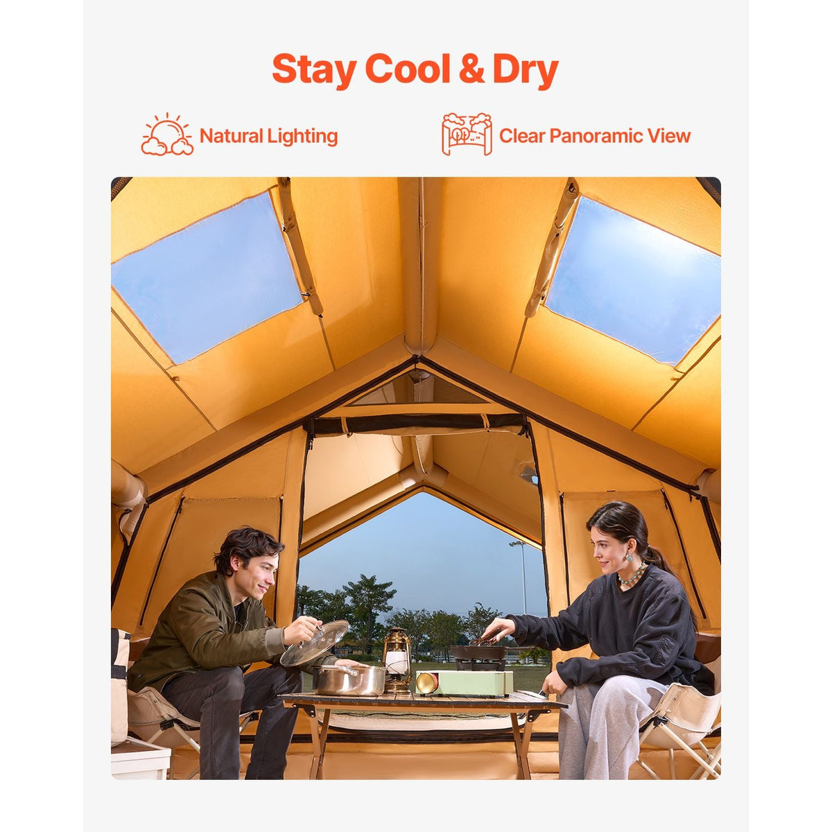 Inflatable Tents for Camping, 8-12 Person Easy Setup Blow up Tent with Hand Pump, 4 Season Luxury Glamping Tent with 2 Skylights, Canopy, Stove Jack, 2 Doors & Mesh Windows (Include Storage Bag)