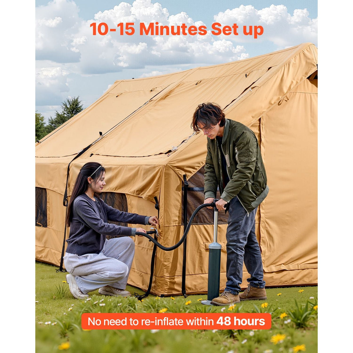 Inflatable Tents for Camping, 8-12 Person Easy Setup Blow up Tent with Hand Pump, 4 Season Luxury Glamping Tent with 2 Skylights, Canopy, Stove Jack, 2 Doors & Mesh Windows (Include Storage Bag)