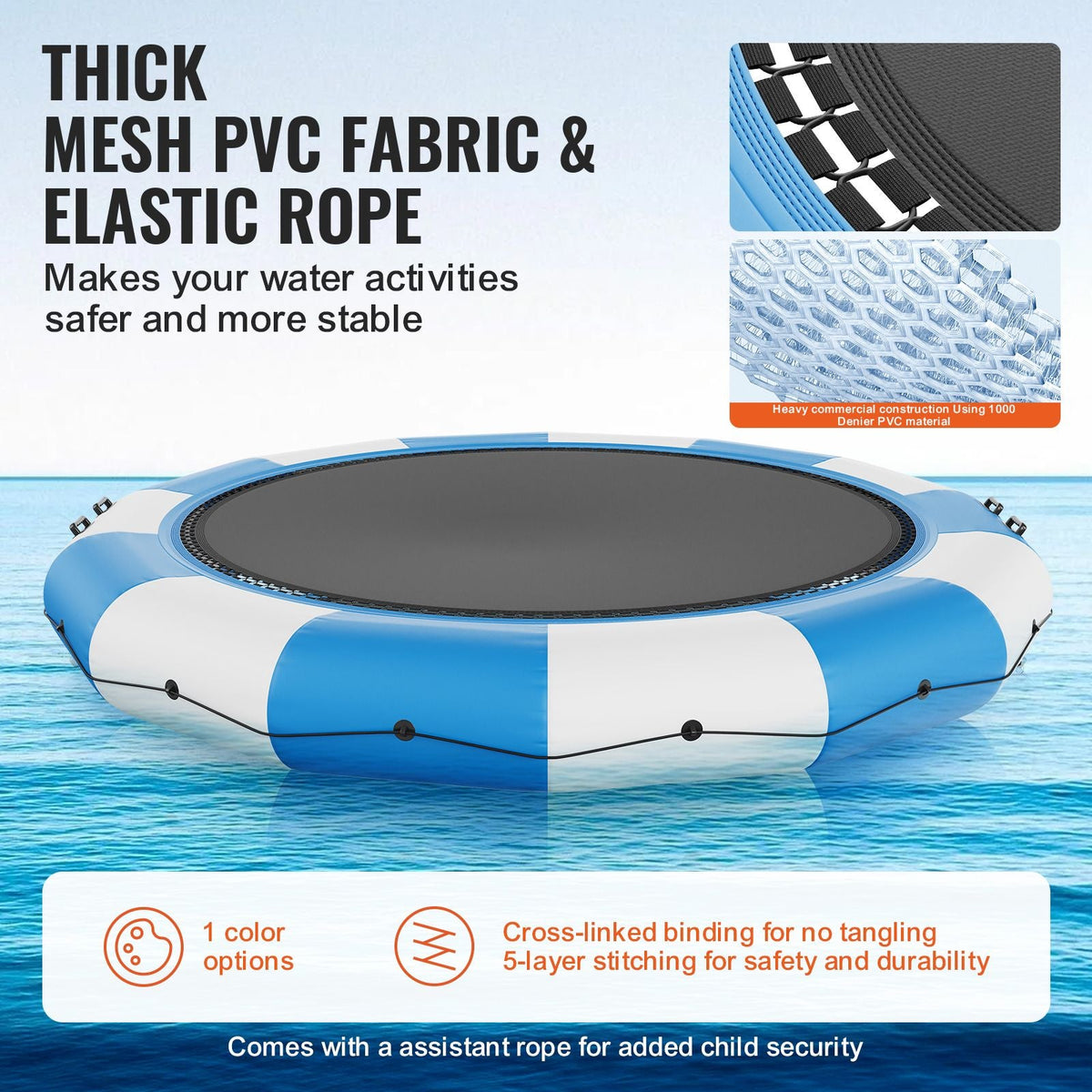 Inflatable Water Bouncer, 15ft Recreational Water Trampoline, Portable Bounce Swim Platform with 3-Step Ladder & Electric Air Pump, Kids Adults Floating Rebounder for Pool, Lake, Water Sports