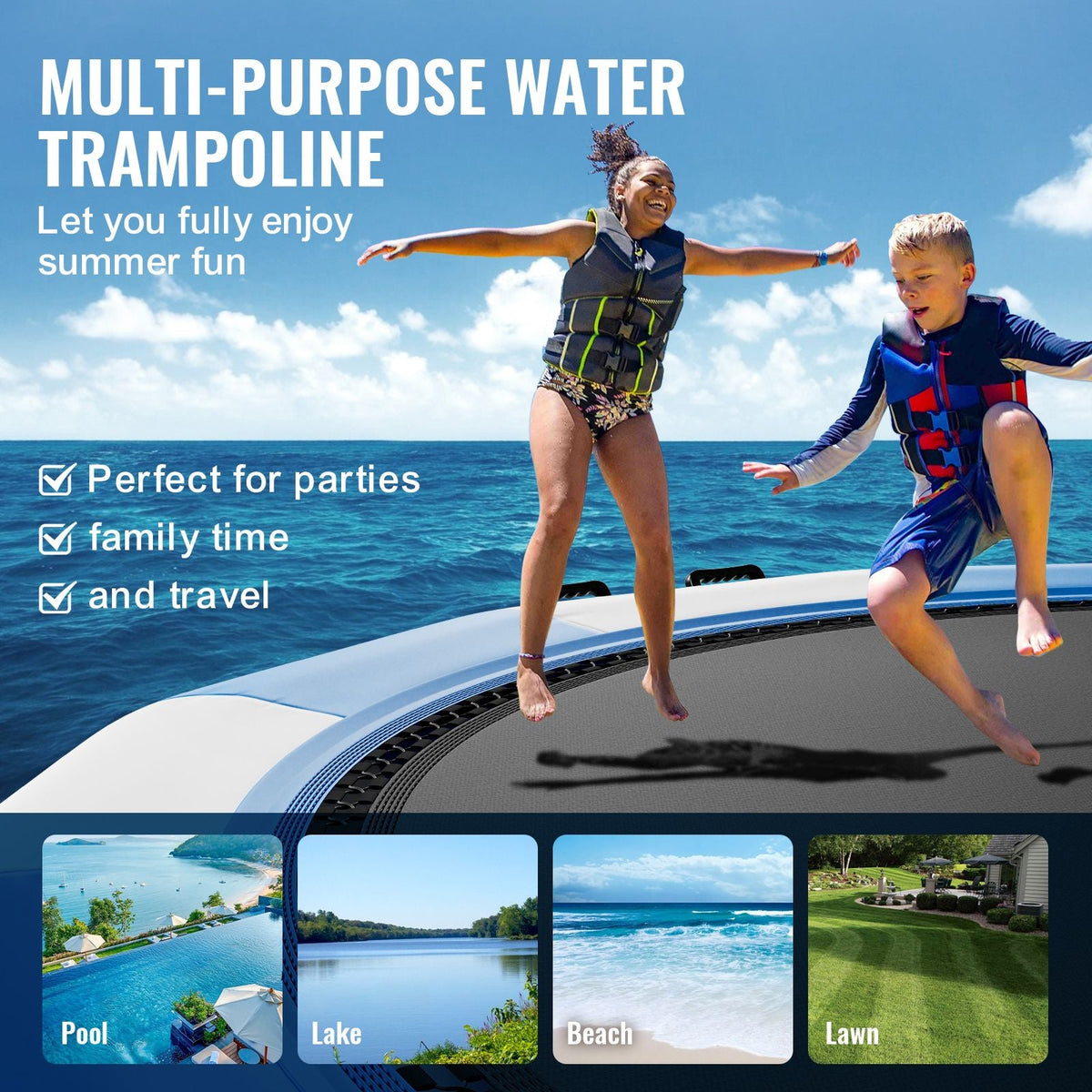 Inflatable Water Bouncer, 15ft Recreational Water Trampoline, Portable Bounce Swim Platform with 3-Step Ladder & Electric Air Pump, Kids Adults Floating Rebounder for Pool, Lake, Water Sports