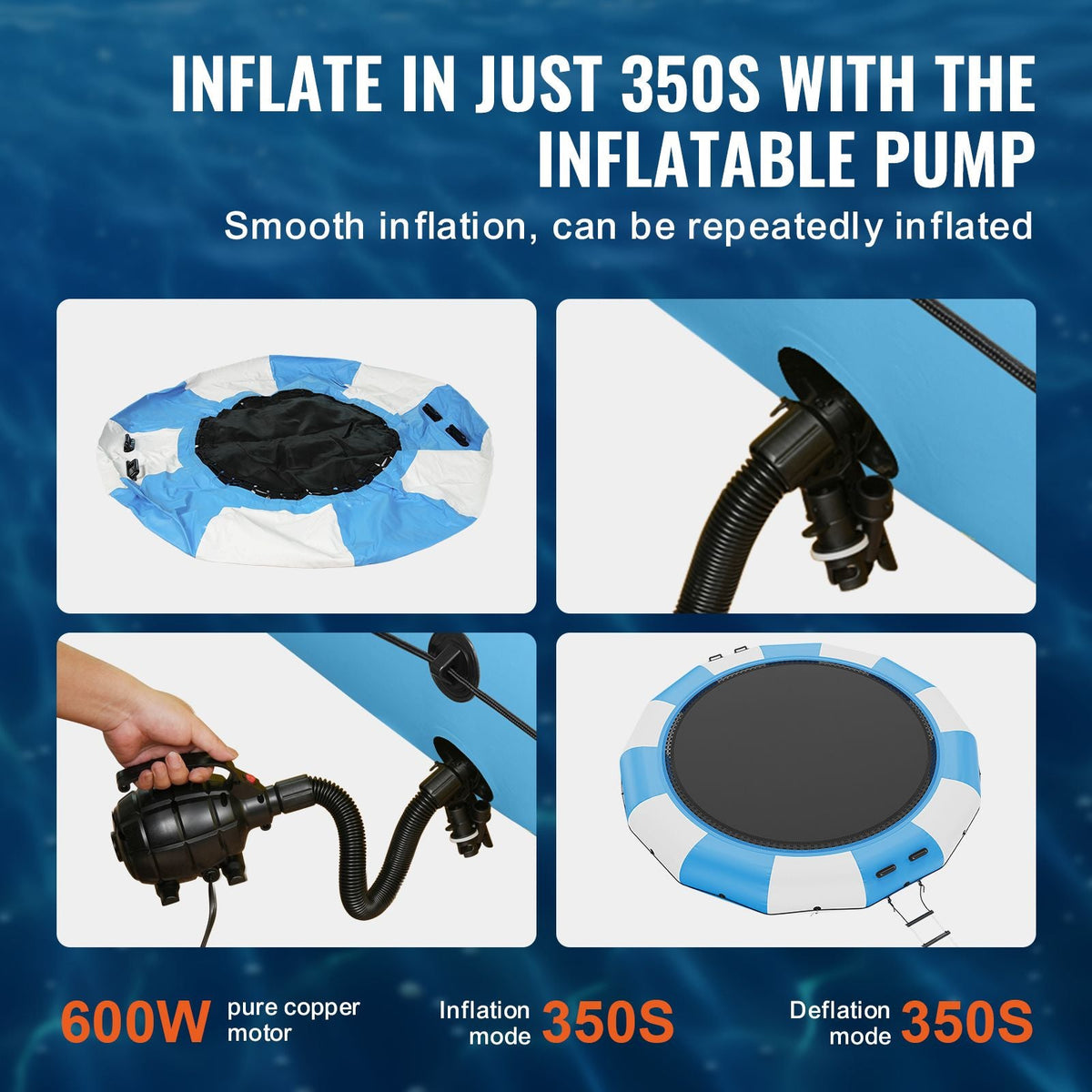 Inflatable Water Bouncer, 15ft Recreational Water Trampoline, Portable Bounce Swim Platform with 3-Step Ladder & Electric Air Pump, Kids Adults Floating Rebounder for Pool, Lake, Water Sports