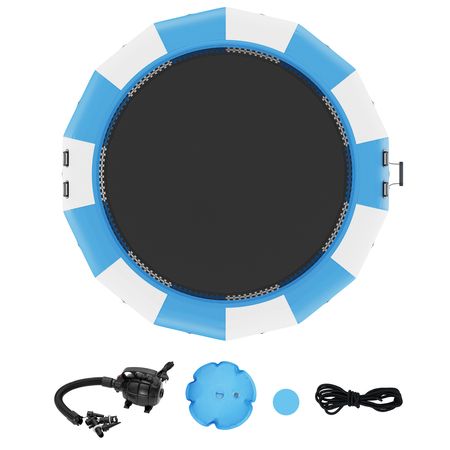 Inflatable Water Bouncer, 15ft Recreational Water Trampoline, Portable Bounce Swim Platform with 3-Step Ladder & Electric Air Pump, Kids Adults Floating Rebounder for Pool, Lake, Water Sports