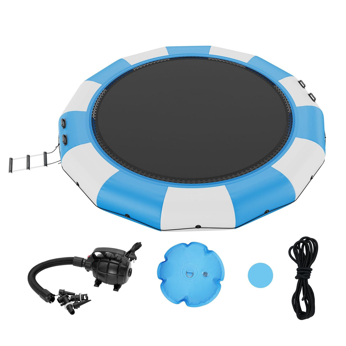 Inflatable Water Bouncer, 15ft Recreational Water Trampoline, Portable Bounce Swim Platform with 3-Step Ladder & Electric Air Pump, Kids Adults Floating Rebounder for Pool, Lake, Water Sports
