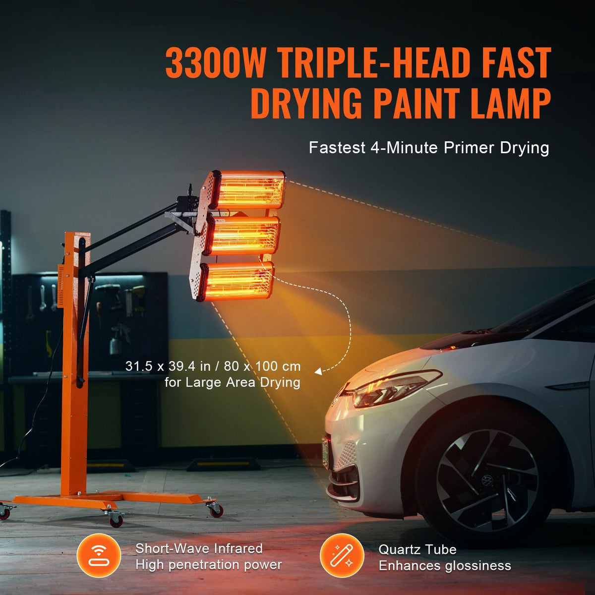 Infrared Curing Lamp, 3300W 1-60 min Timing, Auto Heating Car Curing Light with Bracket, 8.61 sq.ft Baking Area Spray Baking Booth Heaters, Paint Dryer for On-Site Repair, Engine Drying