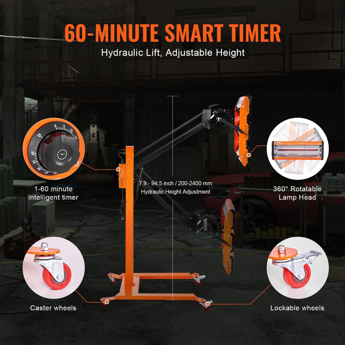 Infrared Curing Lamp, 3300W 1-60 min Timing, Auto Heating Car Curing Light with Bracket, 8.61 sq.ft Baking Area Spray Baking Booth Heaters, Paint Dryer for On-Site Repair, Engine Drying