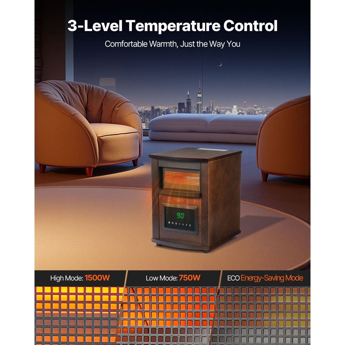 Infrared Heater, 1500W Electric Space Heater with Remote Control, LED Screen & 24H Timer, Multiple Temperature Adjustable for Patio Bedroom,Living Room,Studio,Dining Room
