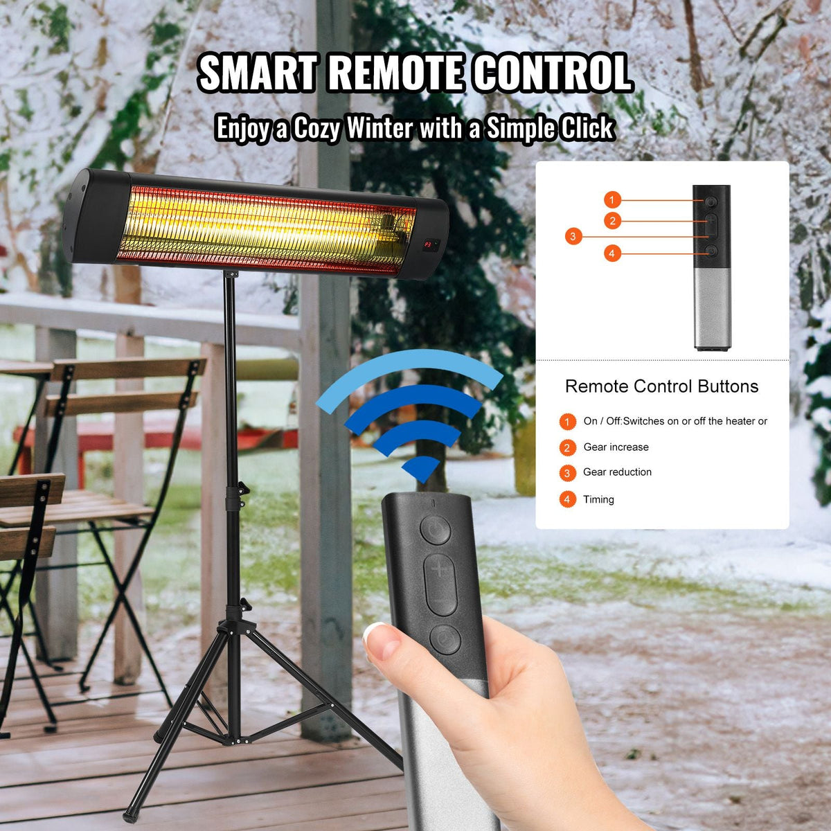 Infrared Heater, 1500W Remote Control Electric Space Heater, LED Screen Patio Heater w/ 3 Speeds & Timer, Outdoor/Outdoor for Porch,Dining Room,Studio, with Stand & Mount to Ceiling/Wall,24 in L