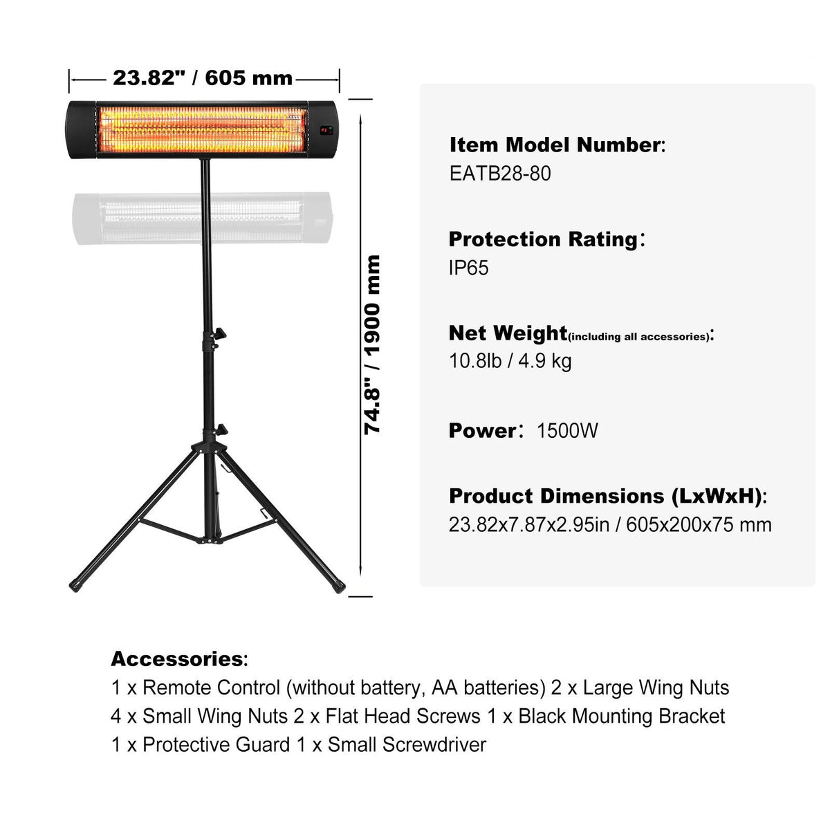 Infrared Heater, 1500W Remote Control Electric Space Heater, LED Screen Patio Heater w/ 3 Speeds & Timer, Outdoor/Outdoor for Porch,Dining Room,Studio, with Stand & Mount to Ceiling/Wall,24 in L