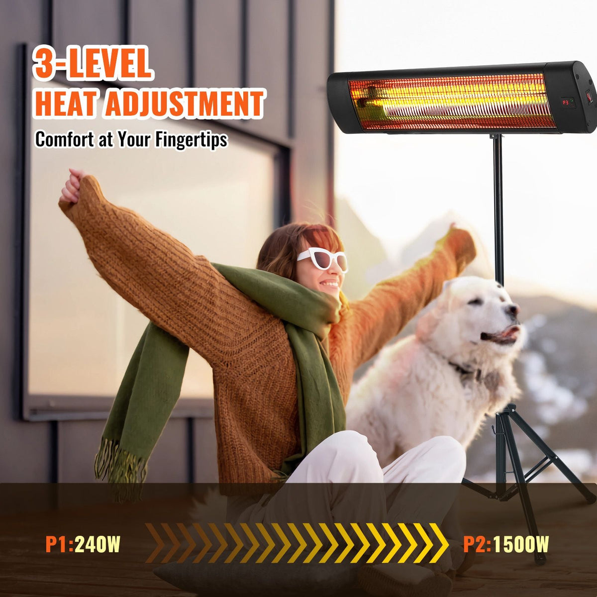 Infrared Heater, 1500W Remote Control Electric Space Heater, LED Screen Patio Heater w/ 3 Speeds & Timer, Outdoor/Outdoor for Porch,Dining Room,Studio, with Stand & Mount to Ceiling/Wall,24 in L