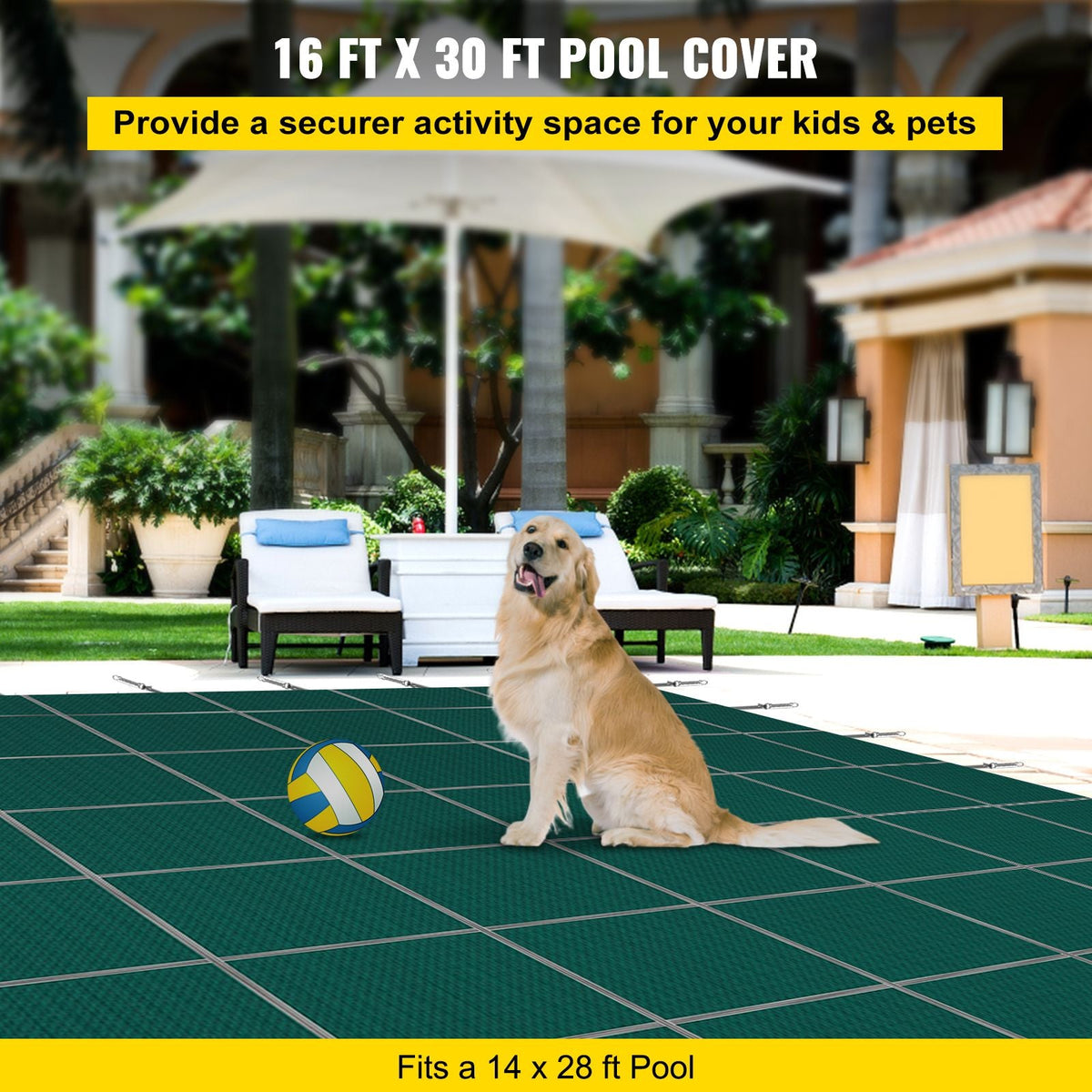 Inground Pool Safety Cover, 16 ft x 30 ft Rectangular Winter Pool Cover, Triple Stitched, High Strength Mesh PP Material with Good Rain Permeability, Installation Hardware Included, Green