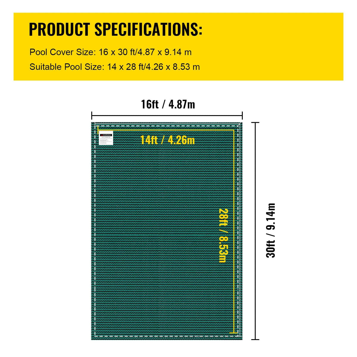 Inground Pool Safety Cover, 16 ft x 30 ft Rectangular Winter Pool Cover, Triple Stitched, High Strength Mesh PP Material with Good Rain Permeability, Installation Hardware Included, Green