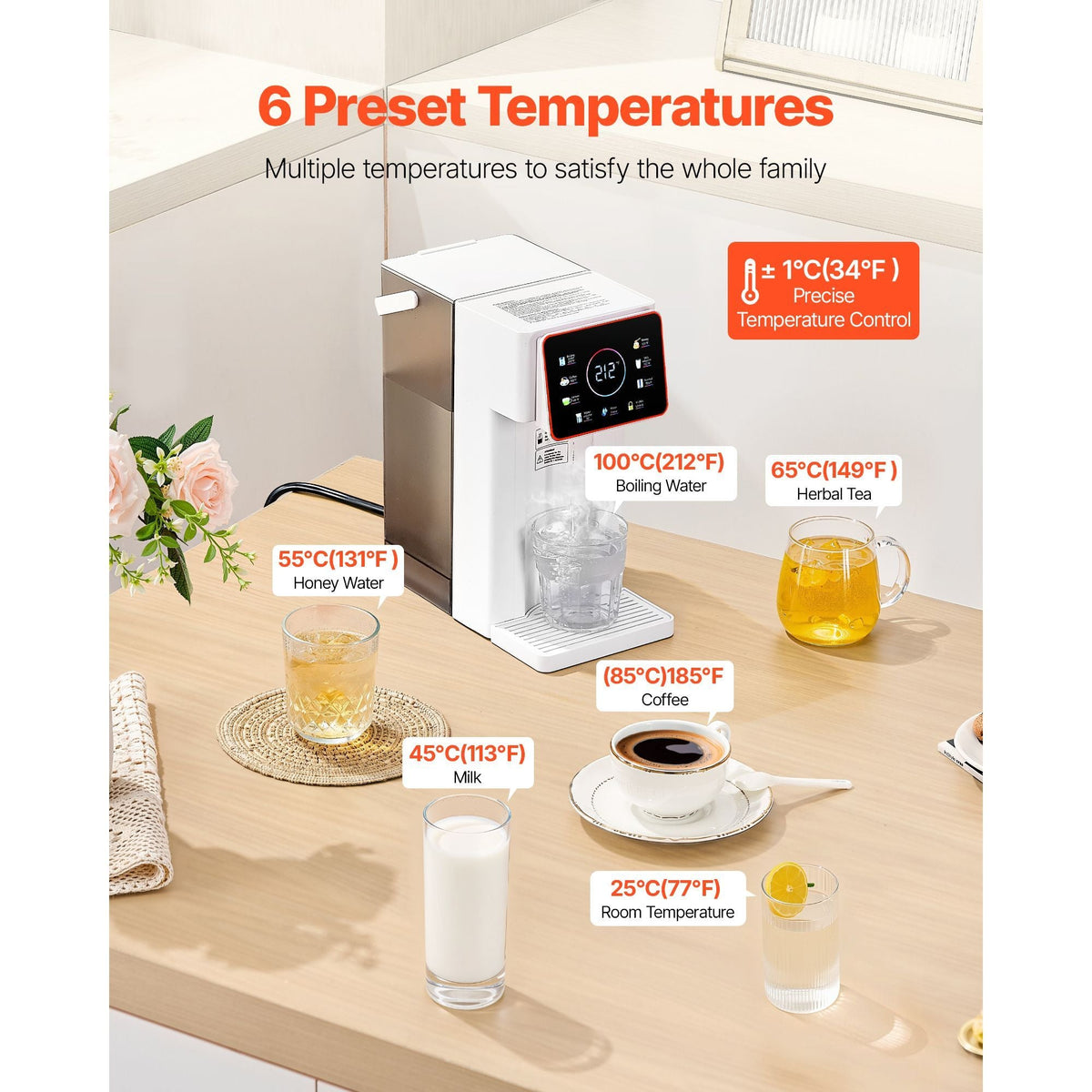 Instant Hot Water Dispenser, Countertop Boiling Water Dispenser with Adjustable 6 Temperatures & 7 Water Volumes, 101oz Removable Water Tank, Quick Heating with Touchscreen & Child Lock for Home