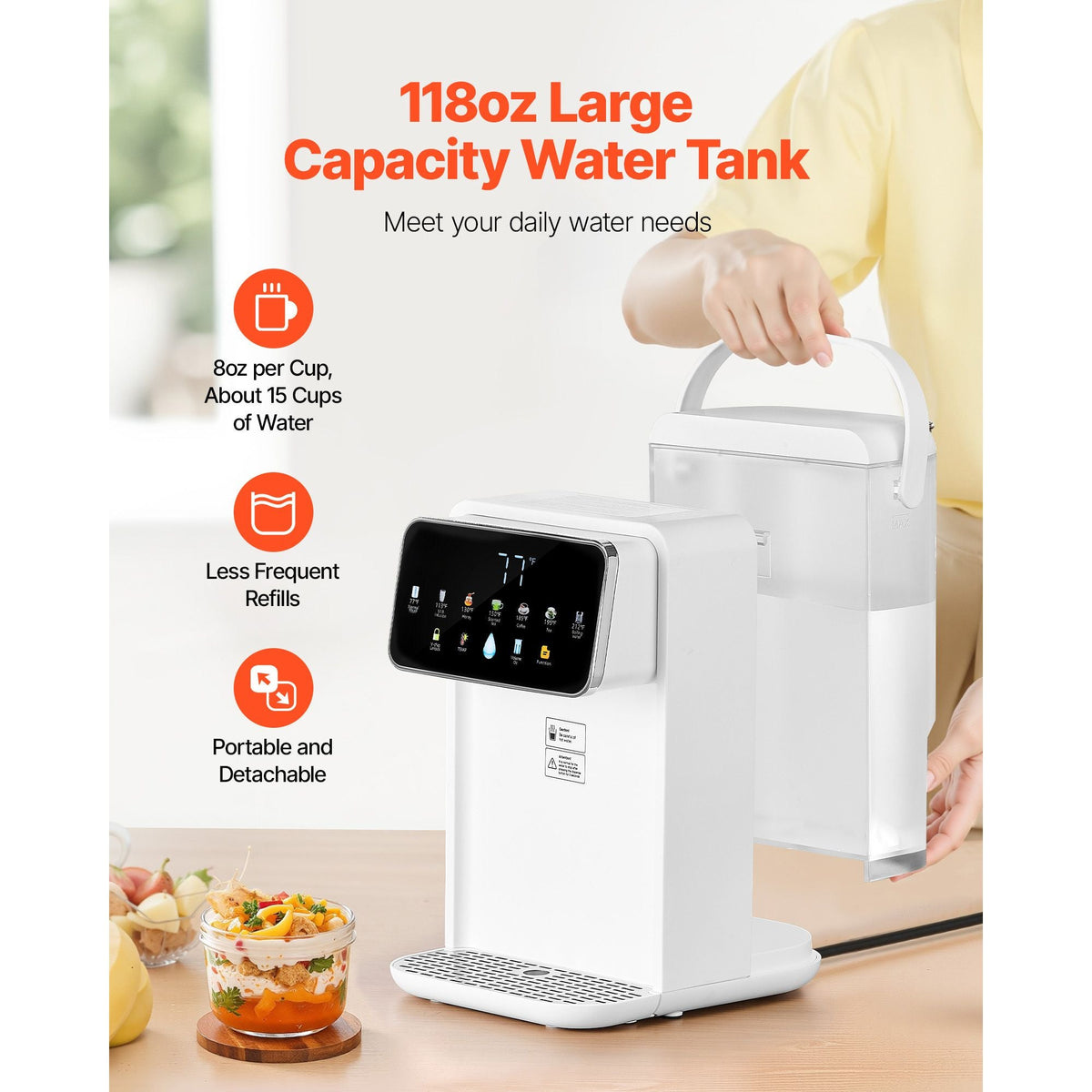 Instant Hot Water Dispenser, Countertop Boiling Water Dispenser with Adjustable 7 Temperatures & 7 Water Volumes, 118oz Removable Water Tank, Quick Heating with Touchscreen & Child Lock for Home