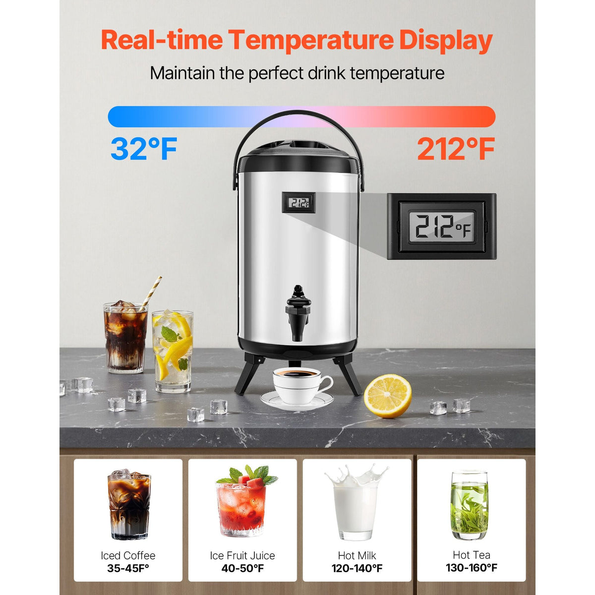 Insulated Beverage Dispenser, 2 Gal/7.6L Stainless Steel Thermal Drink Server with Spigot & Temp Display, Suitable for Hot and Cold Drinks, for Tea Coffee Water in Cafes & Restaurants, Silver