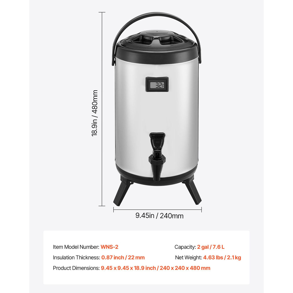 Insulated Beverage Dispenser, 2 Gal/7.6L Stainless Steel Thermal Drink Server with Spigot & Temp Display, Suitable for Hot and Cold Drinks, for Tea Coffee Water in Cafes & Restaurants, Silver