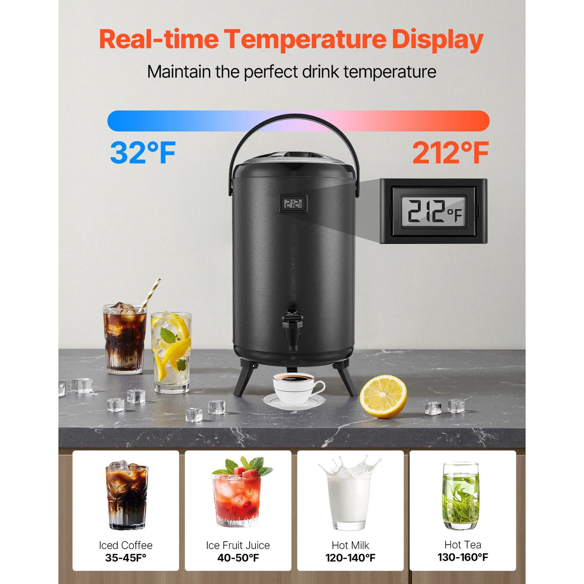 Insulated Beverage Dispenser, 3.2 Gal/12L Stainless Steel Thermal Drink Server with Spigot & Temp Display, Suitable for Hot and Cold Drinks, for Tea Coffee Water in Cafes & Restaurants, Black