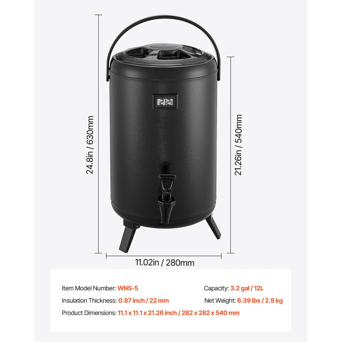 Insulated Beverage Dispenser, 3.2 Gal/12L Stainless Steel Thermal Drink Server with Spigot & Temp Display, Suitable for Hot and Cold Drinks, for Tea Coffee Water in Cafes & Restaurants, Black
