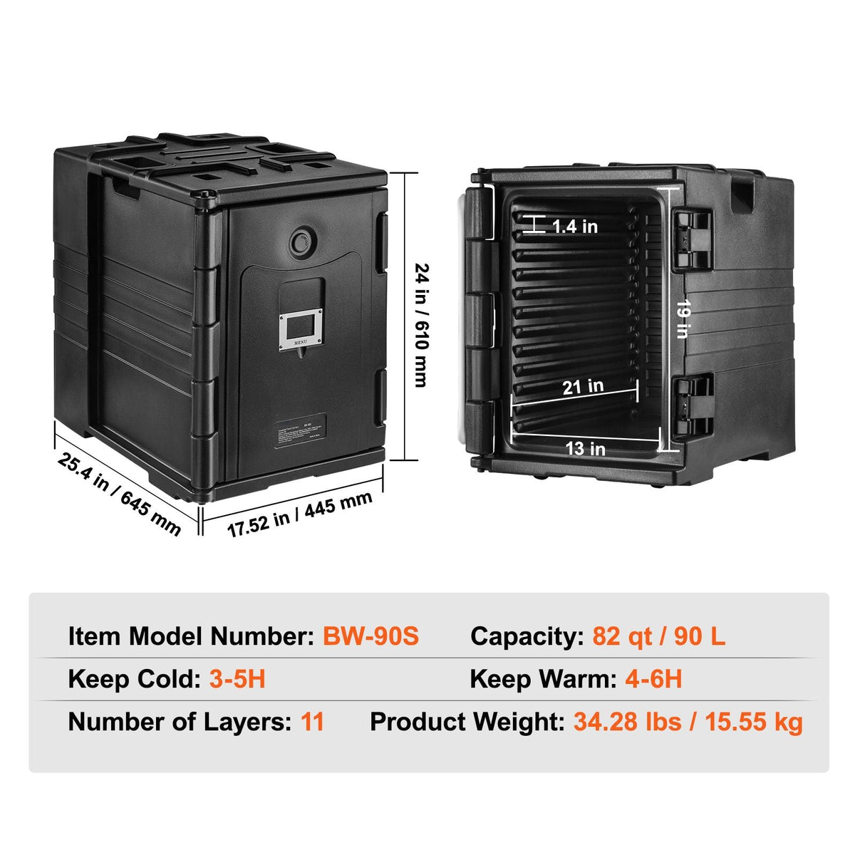 Insulated Food Pan Carrier, 82 Qt Hot Box for Catering, LLDPE Food Box Carrier with Double Buckles, Front Loading Food Warmer with Handles, Stackable End Loader for Restaurant, Canteen, etc. Bla