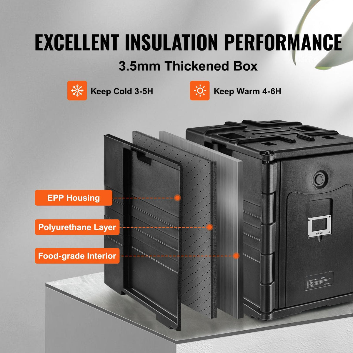 Insulated Food Pan Carrier, 82 Qt Hot Box for Catering, LLDPE Food Box Carrier with Double Buckles, Front Loading Food Warmer with Handles, Stackable End Loader for Restaurant, Canteen, etc. Bla