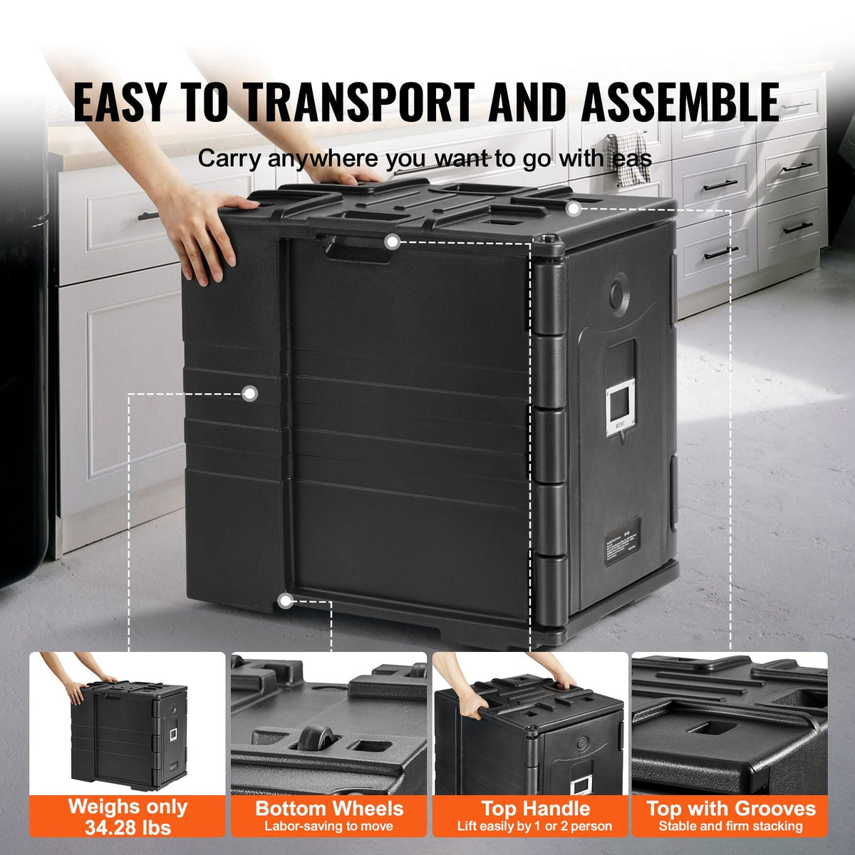 Insulated Food Pan Carrier, 82 Qt Hot Box for Catering, LLDPE Food Box Carrier with Double Buckles, Front Loading Food Warmer with Handles, Stackable End Loader for Restaurant, Canteen, etc. Bla