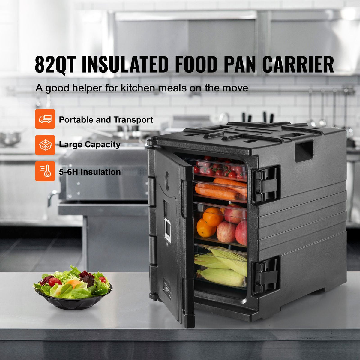 Insulated Food Pan Carrier, 82 Qt Hot Box for Catering, LLDPE Food Box Carrier with Double Buckles, Front Loading Food Warmer with Handles, Stackable End Loader for Restaurant, Canteen, etc. Bla