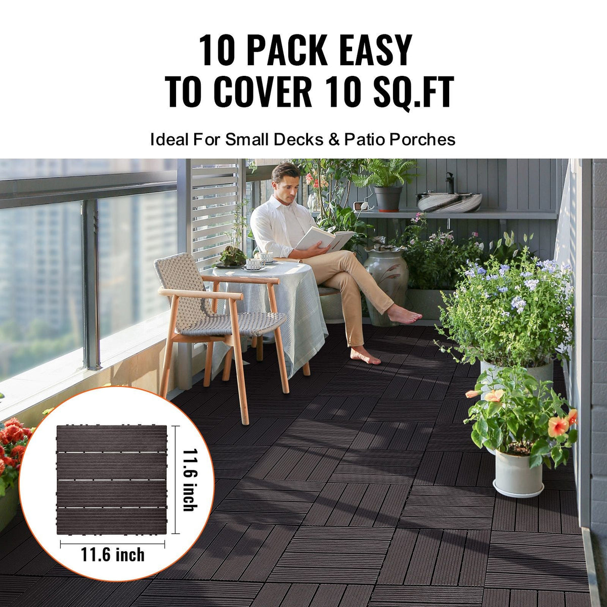 Interlocking Deck Tiles, 10 Pack,12"x12" 10 sq. ft Plastic Waterproof Outdoor Flooring All Weather Use, Patio Floor Decking Covering Tiles for Porch Poolside Balcony Backyard, Dark Brown