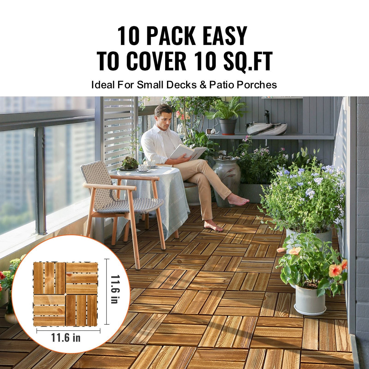 Interlocking Deck Tiles Solid Wood, 10 Pack,12"x12" Waterproof Camphor Pine Wood Flooring All Weather Use, Patio Floor Decking Covering Tiles for Porch Poolside Balcony Backyard, (Wooden)