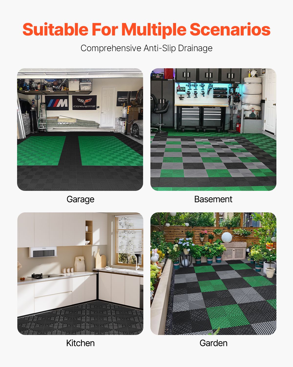 Interlocking Drainage Mat, 12' x 12' Modular Interlocking Cushion, 24 Pcs Splicing Drainage Mats, Non-Slip Black PP Drainage Floor Tile and Shower Mat, for Garage, Garden, Kitchen & Outdoor