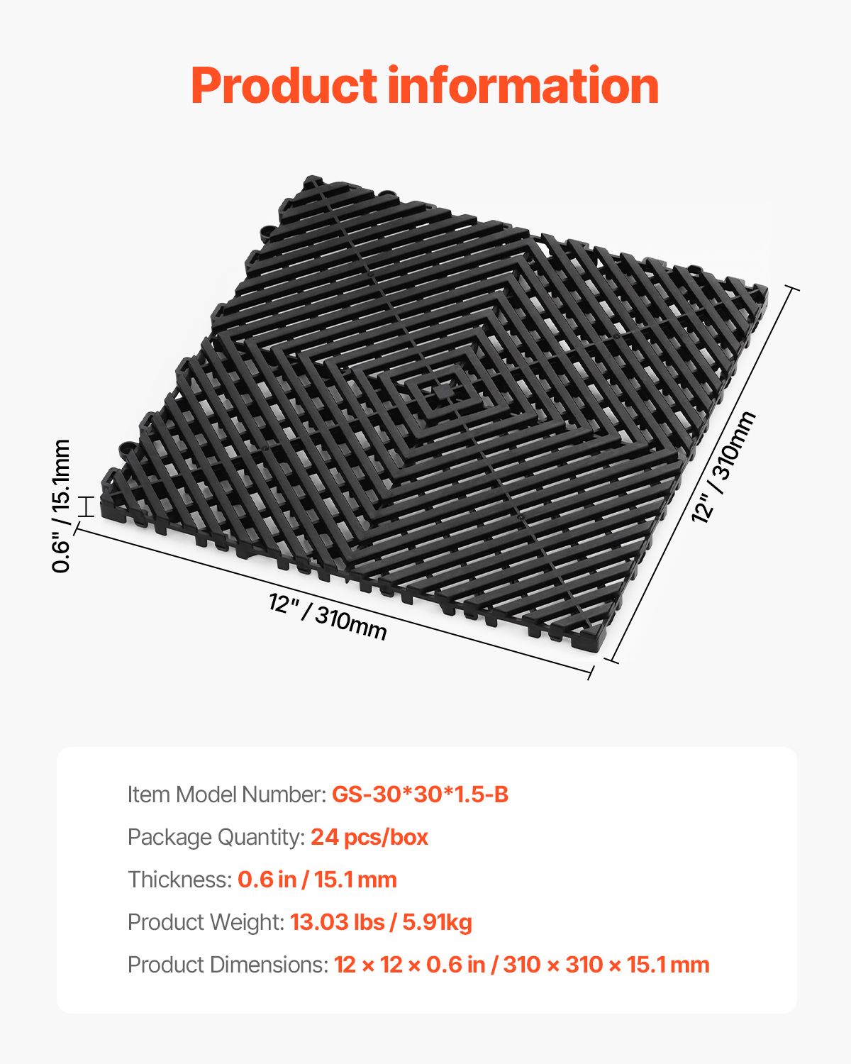 Interlocking Drainage Mat, 12' x 12' Modular Interlocking Cushion, 24 Pcs Splicing Drainage Mats, Non-Slip Black PP Drainage Floor Tile and Shower Mat, for Garage, Garden, Kitchen & Outdoor