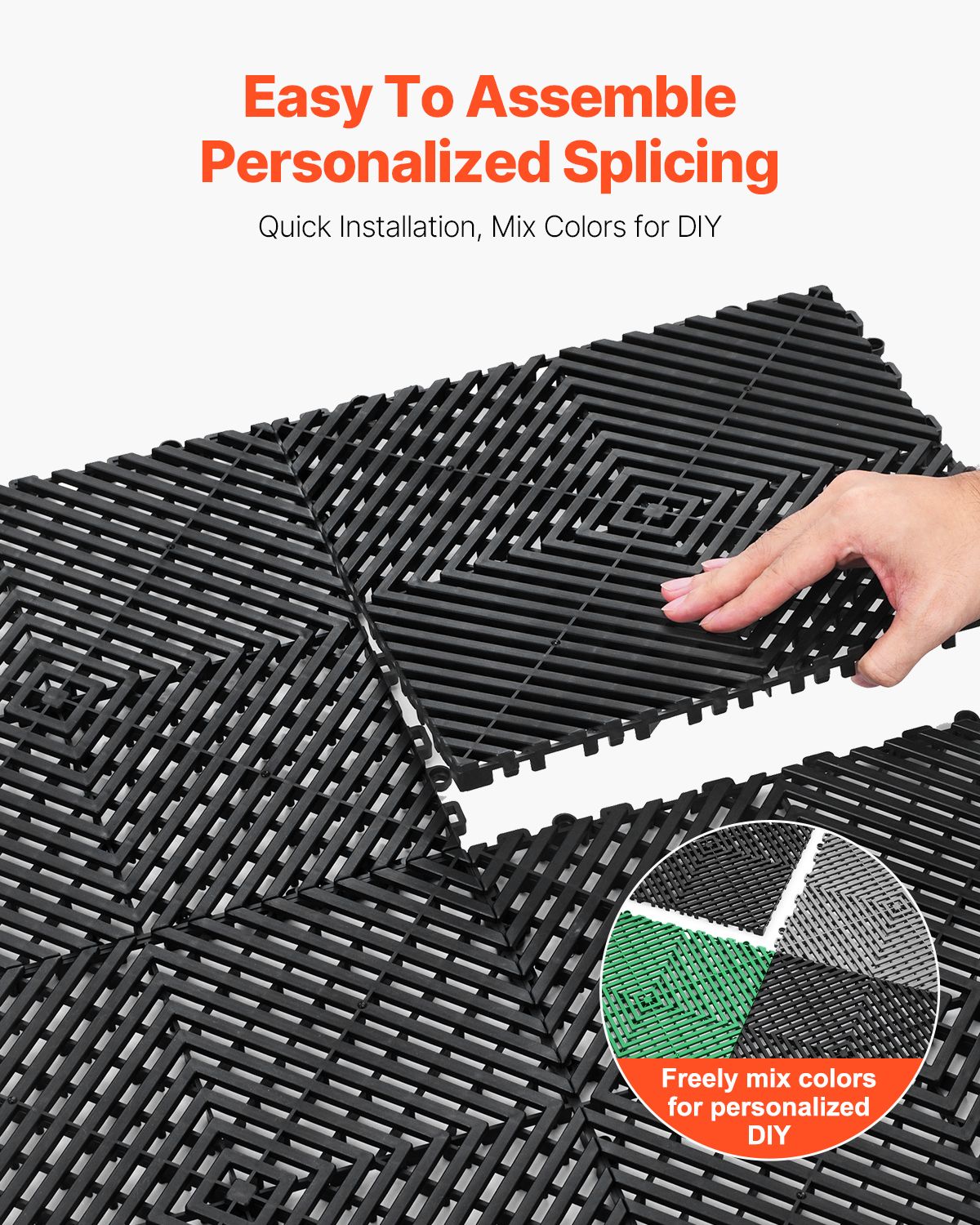 Interlocking Drainage Mat, 12' x 12' Modular Interlocking Cushion, 24 Pcs Splicing Drainage Mats, Non-Slip Black PP Drainage Floor Tile and Shower Mat, for Garage, Garden, Kitchen & Outdoor