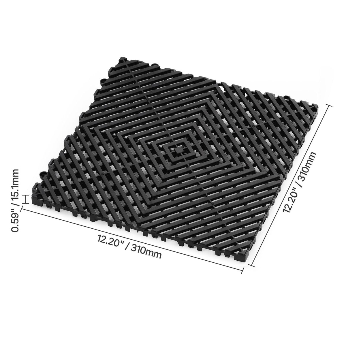 Interlocking Drainage Mat, 12' x 12' Modular Interlocking Cushion, 24 Pcs Splicing Drainage Mats, Non-Slip Black PP Drainage Floor Tile and Shower Mat, for Garage, Garden, Kitchen & Outdoor
