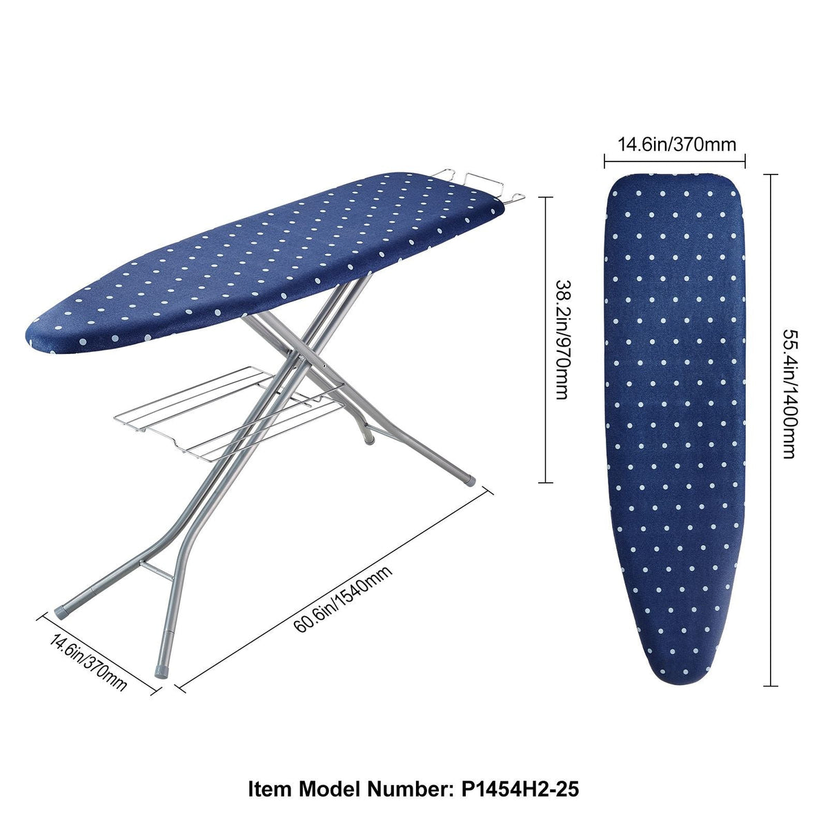 Ironing Board with Bottom Storage Tray, Thickened 4 Layers Iron Board with Heat Resistant Cover and 100% Cotton Cover, 10 Adjustable Heights Ironing Board for Home Laundry Room Use (Size 55x15)