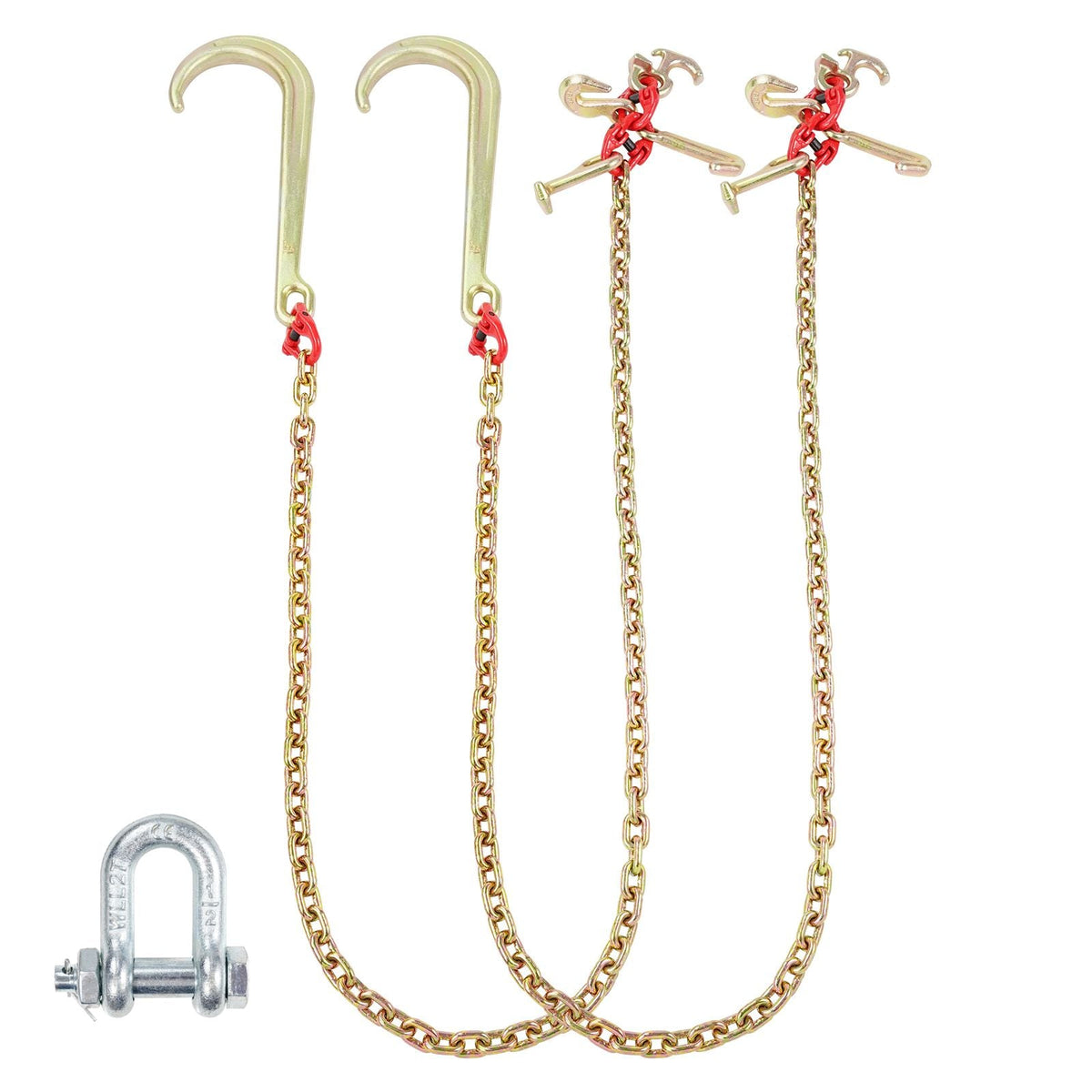 J Hook Chain, 2PCS 5/16" x 6' G80 15" Long Shank J Hook Tow Chain with RTJ Cluster Hook & Grab Hook, 5400 lbs Working Load, Heavy Duty Transport Truck Chain for Wrecker Recovery Trailer Towing