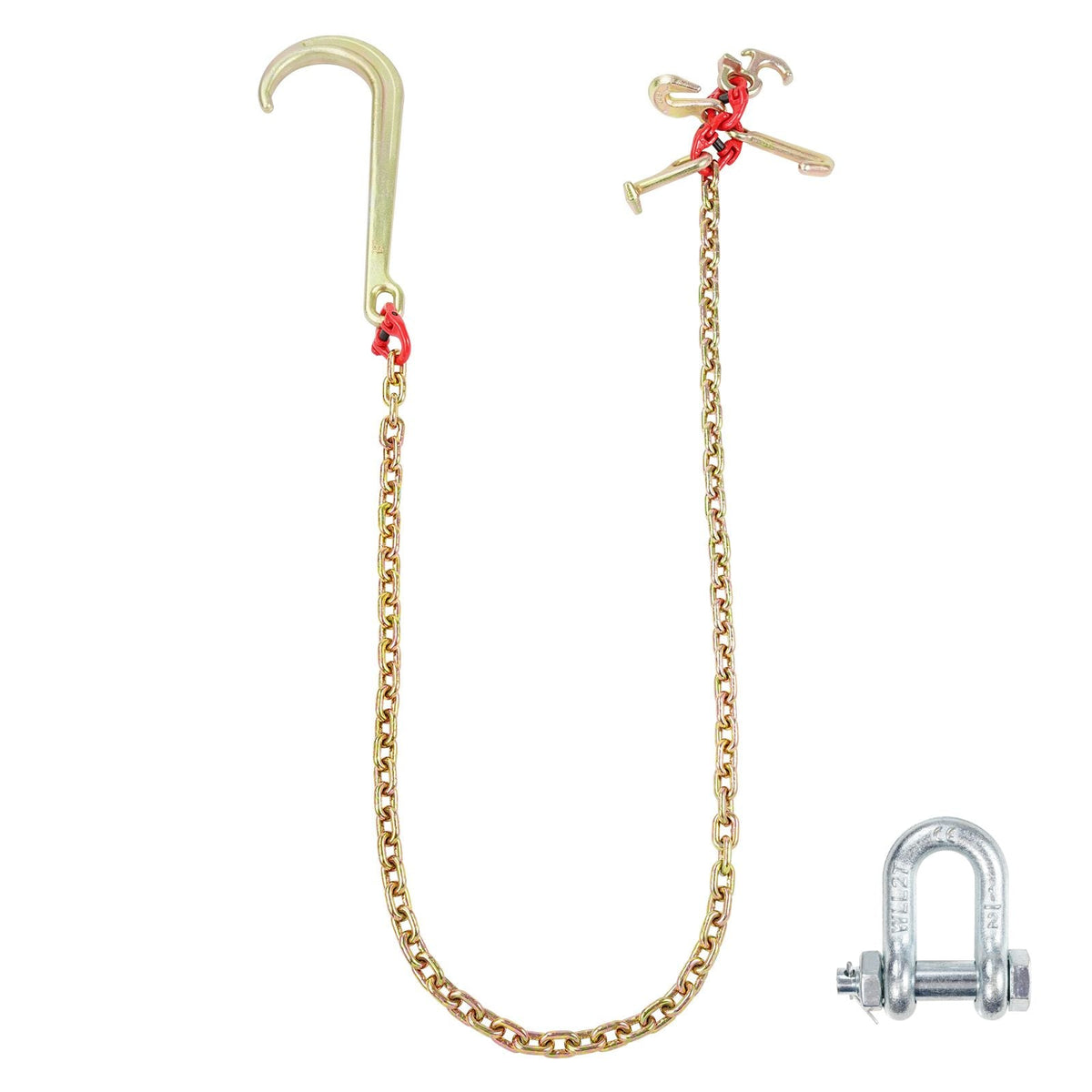 J Hook Chain, 5/16" x 6' G80 15" Long Shank J Hook Tow Chain with RTJ Cluster Hook & Grab Hook, 5400 lbs Safe Working Load, Heavy Duty Transport Truck Chain for Wrecker Recovery Trailer Towing