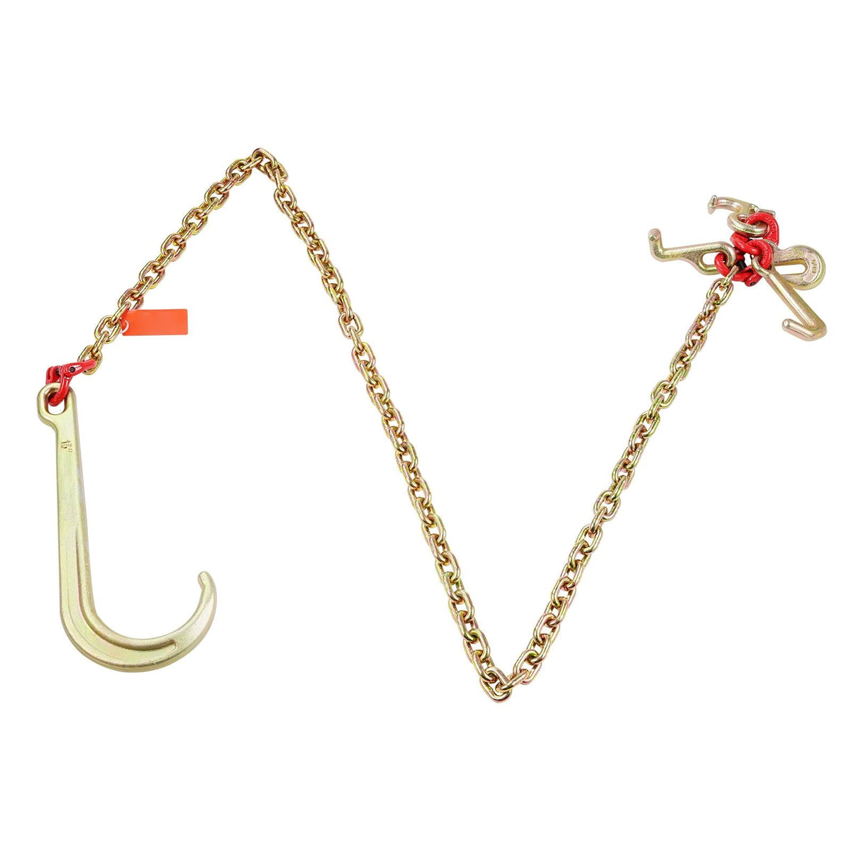 J Hook Chain, 5/16" x 6' G80 15" Long Shank J Hook Tow Chain with RTJ Cluster Hook & Grab Hook, 5400 lbs Safe Working Load, Heavy Duty Transport Truck Chain for Wrecker Recovery Trailer Towing
