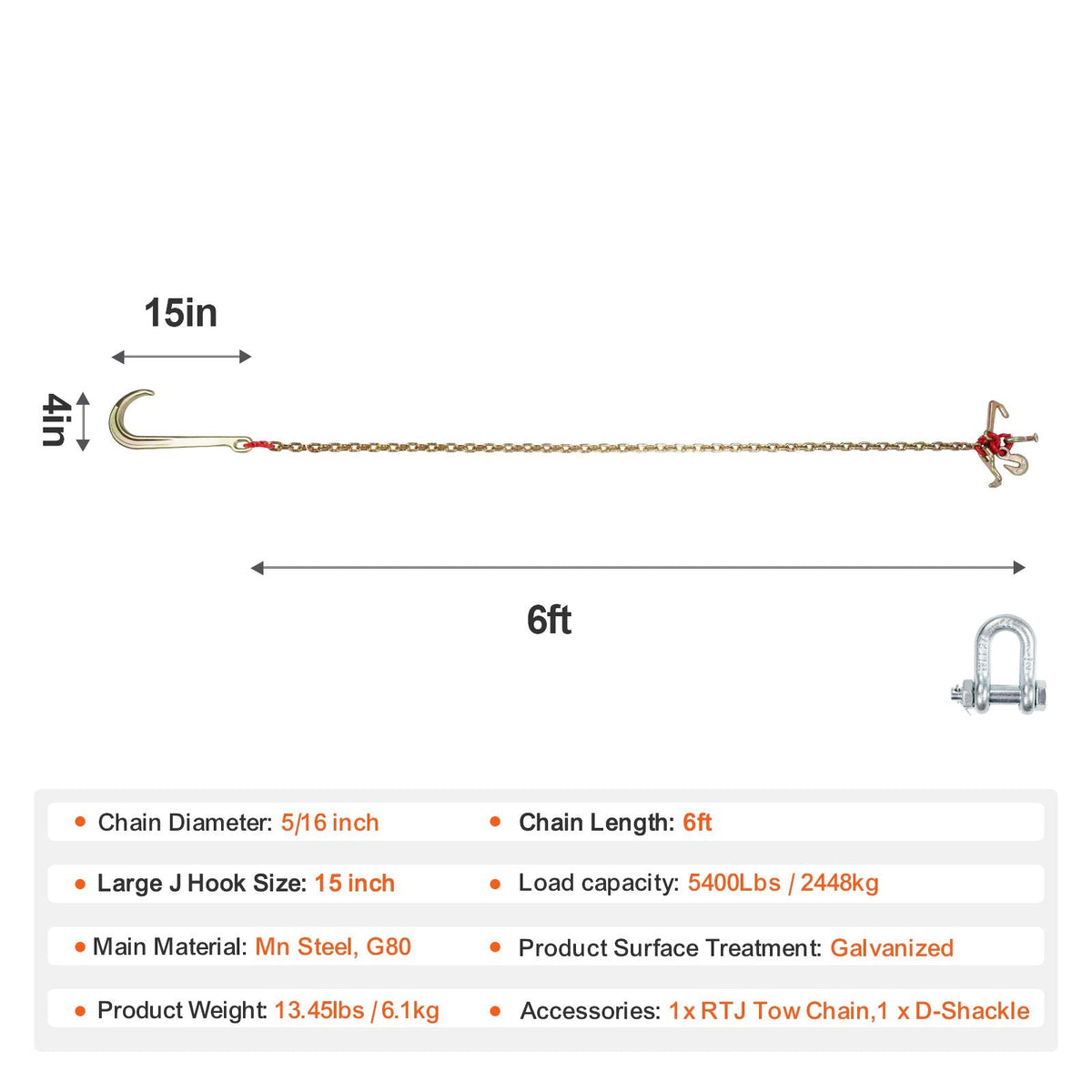 J Hook Chain, 5/16" x 6' G80 15" Long Shank J Hook Tow Chain with RTJ Cluster Hook & Grab Hook, 5400 lbs Safe Working Load, Heavy Duty Transport Truck Chain for Wrecker Recovery Trailer Towing