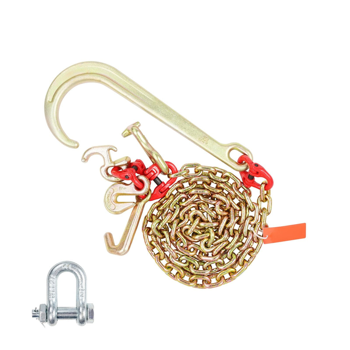 J Hook Chain, 5/16" x 6' G80 15" Long Shank J Hook Tow Chain with RTJ Cluster Hook & Grab Hook, 5400 lbs Safe Working Load, Heavy Duty Transport Truck Chain for Wrecker Recovery Trailer Towing