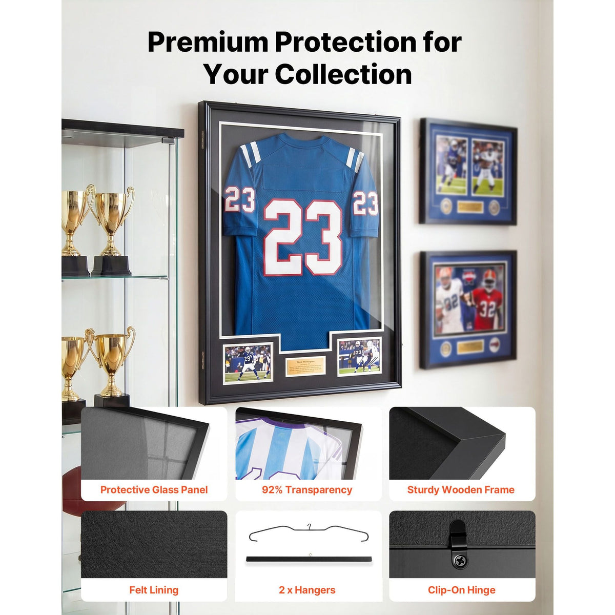 Jersey Frame Display Case, 35.4 x 27.6 x 1.5 in, Lockable Wooden Sport Jersey Shadow Box with 98% UV Protection PC Panel and Hanger, for Baseball Basketball Football Hockey Shirt and Uniform